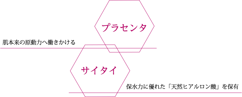 肌本来の原動力へ働きかける「プラセンタ」と保水力にすぐれる「サイタイ」の融合
